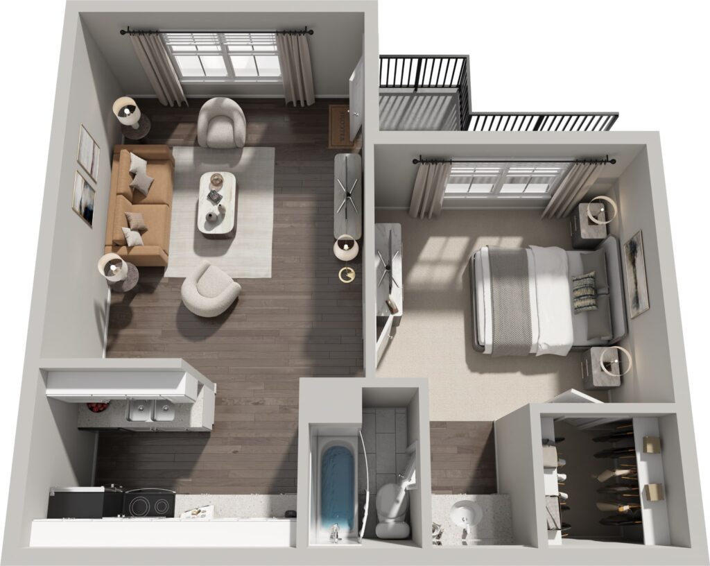 A1 1 Bed floor plan layout at Parkside North Apartments