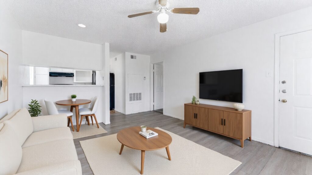 A renovated one-bedroom living room in the A1 floor plan at Parkside North, with wood-look flooring, a ceiling fan and a dining area beside the kitchen pass-through.